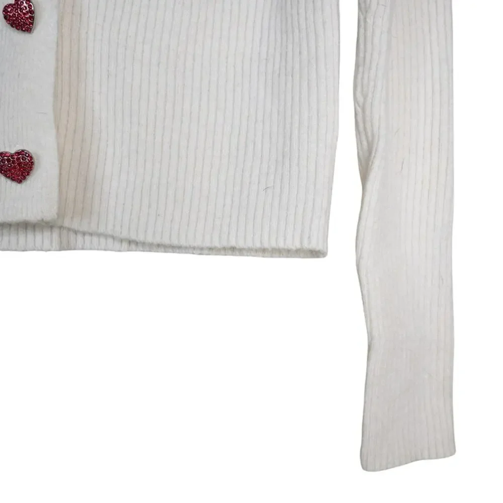 Witty Fox Women's S Rhinestone Heart Button Up Cropped Cardigan Sweater